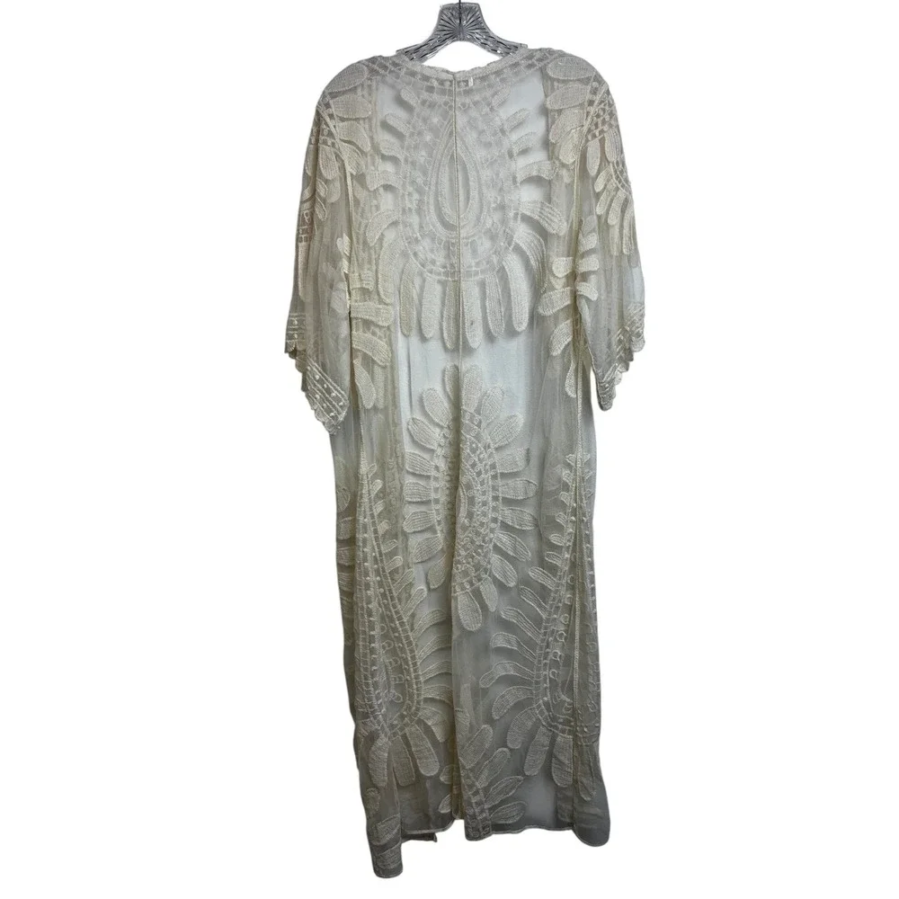 Cream Floral Lace Mesh Duster Cardigan Sheer Boho Longline Coverup One Size - Picture 5 of 6